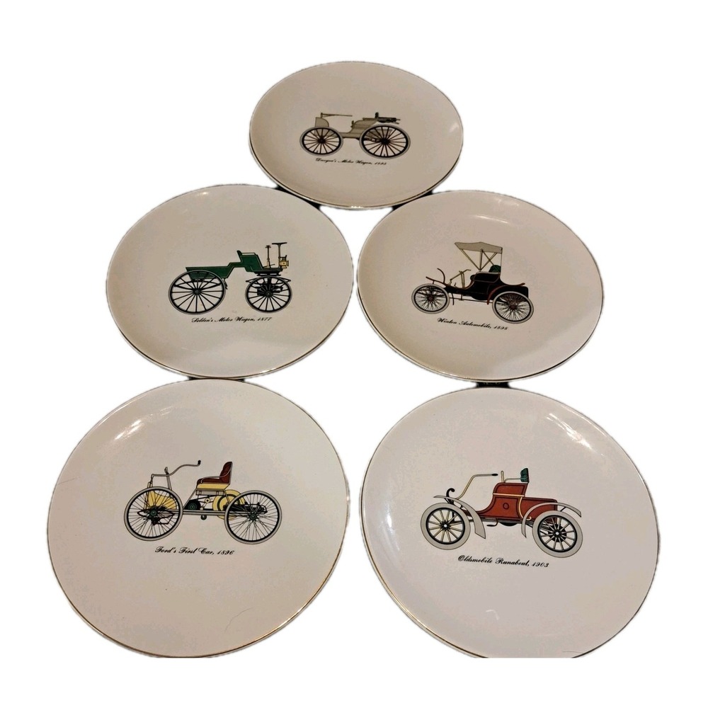 Five Harker Pottery 4 1/2 " Plates Early Automobiles with gold rim